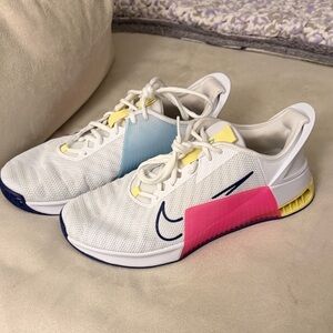 Nike White Sneakers with Pink, Blue, and Yellow Highlights